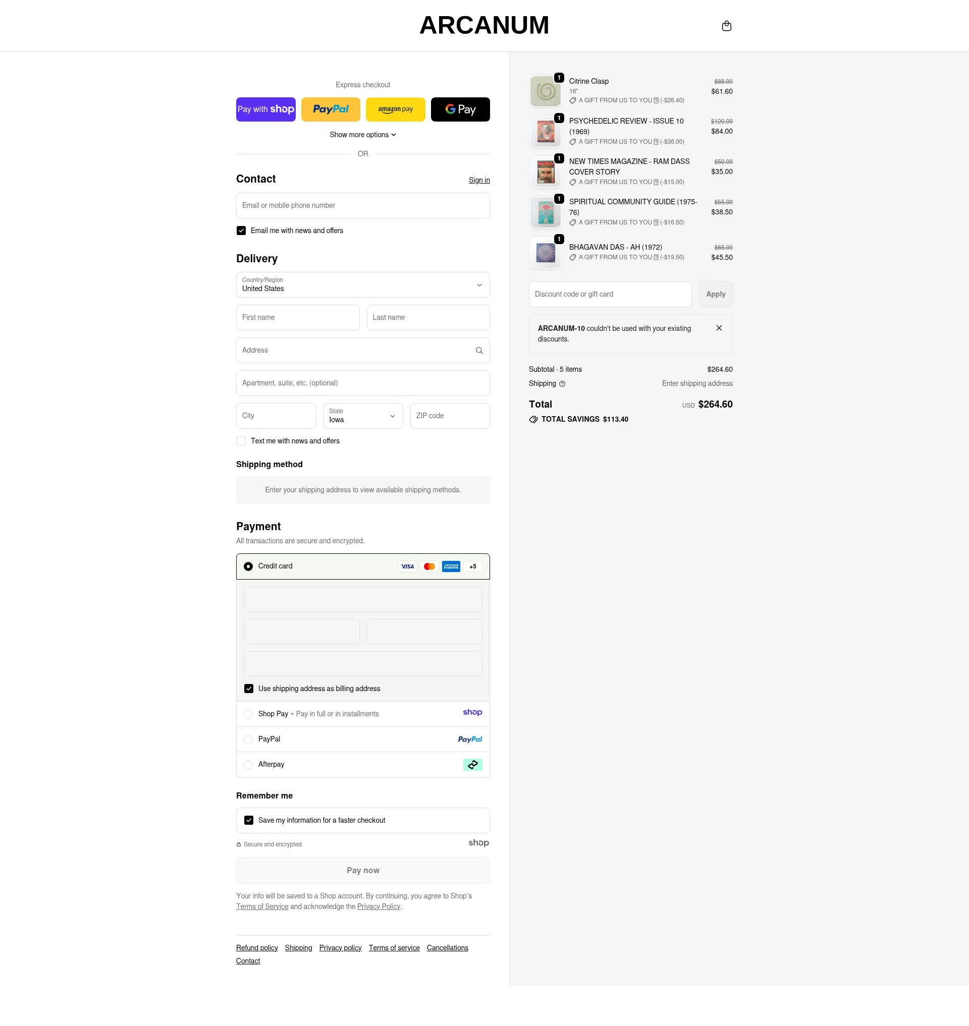 Arcanum LA checkout page showing Arcanum LA promo code box | Screenshot taken by SimplyCodes community member on Jan 7, 2026