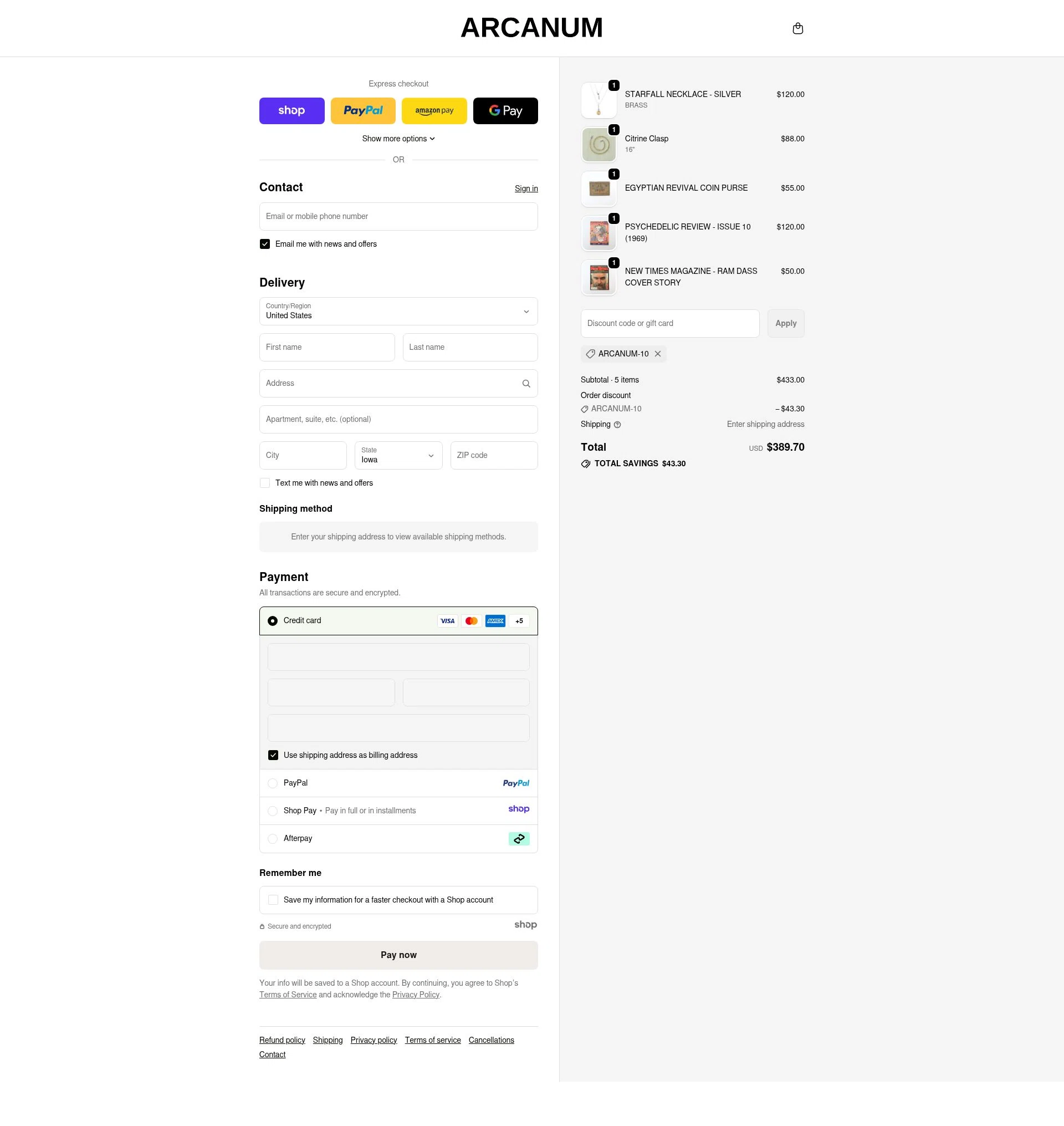 Arcanum LA checkout page showing Arcanum LA promo code box | Screenshot taken by SimplyCodes community member on Dec 10, 2025