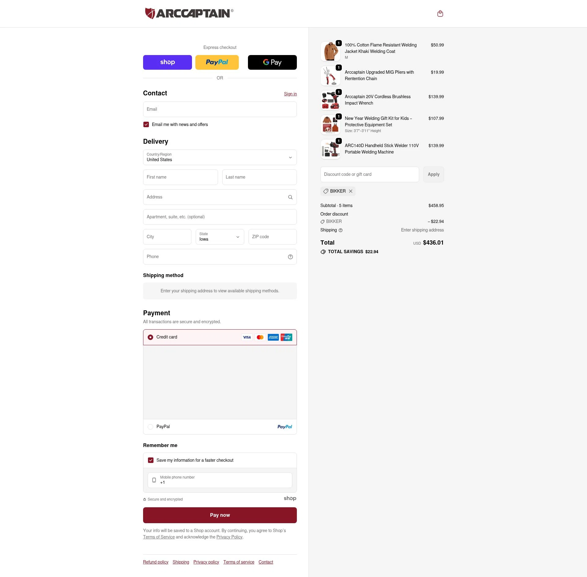 Arccaptain checkout page showing Arccaptain discount code box | Screenshot taken by SimplyCodes community member on Jan 8, 2026