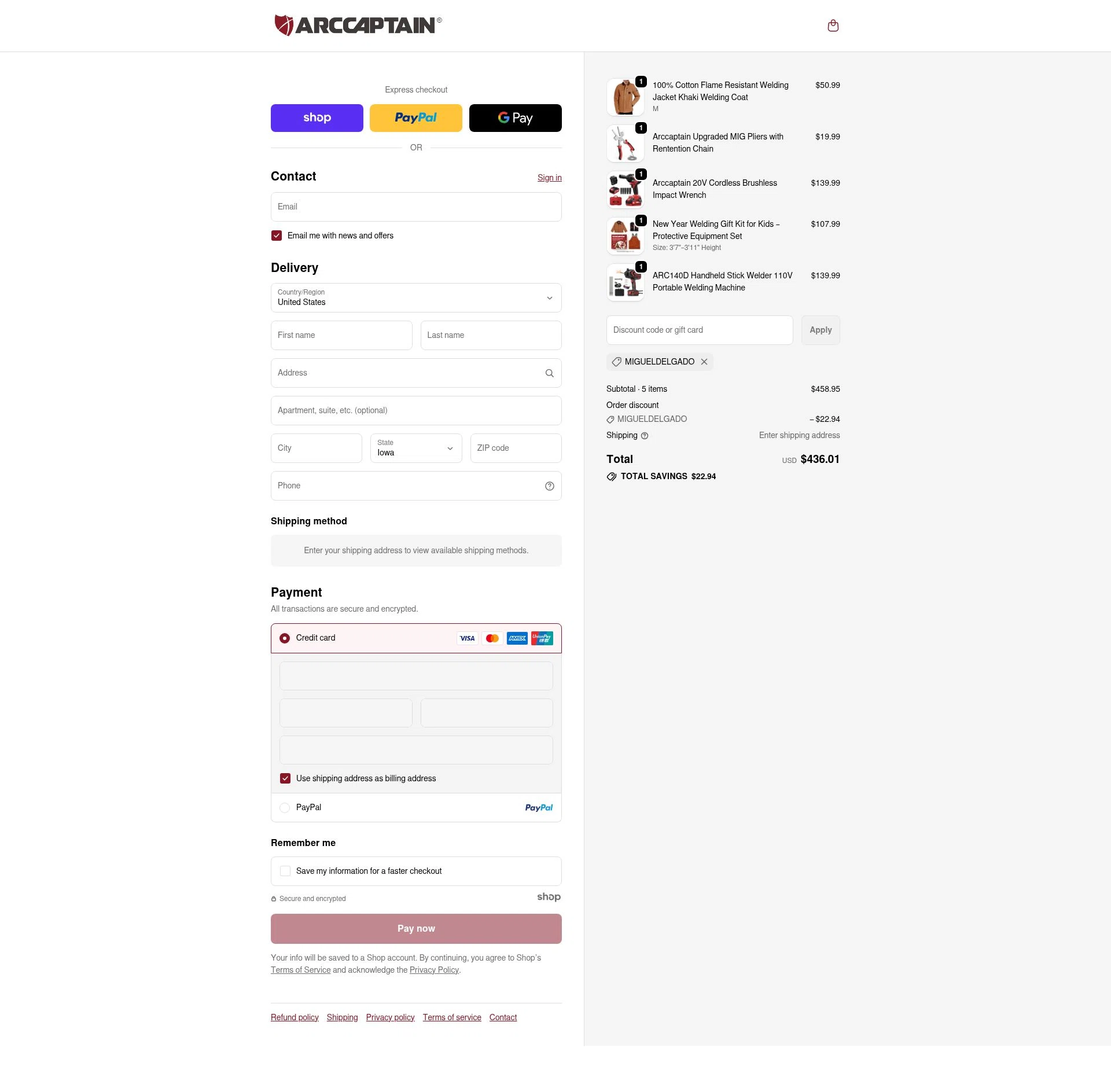 Arccaptain checkout page showing Arccaptain discount code box | Screenshot taken by SimplyCodes community member on Jan 8, 2026