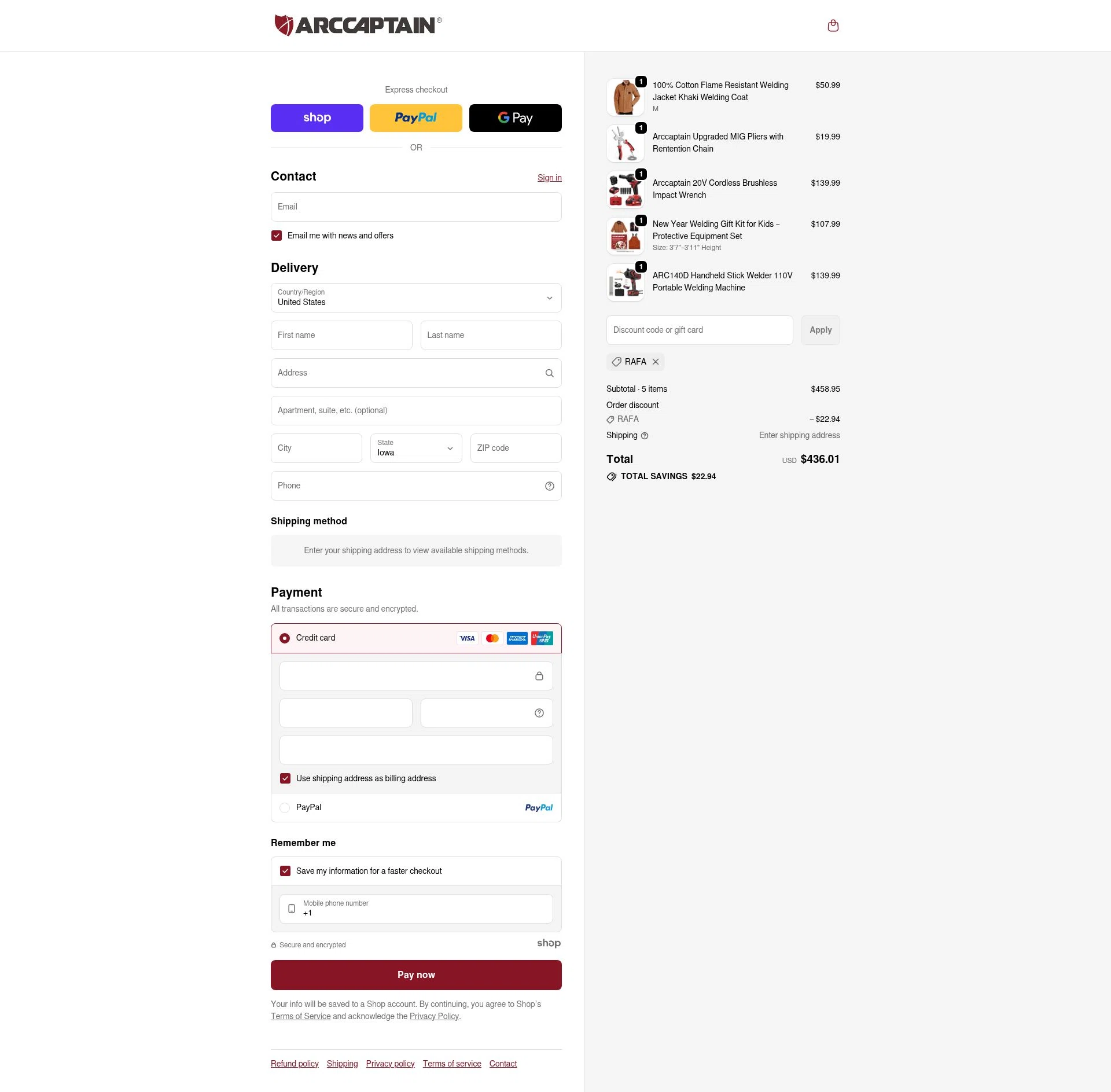Arccaptain checkout page showing Arccaptain discount code box | Screenshot taken by SimplyCodes community member on Jan 8, 2026