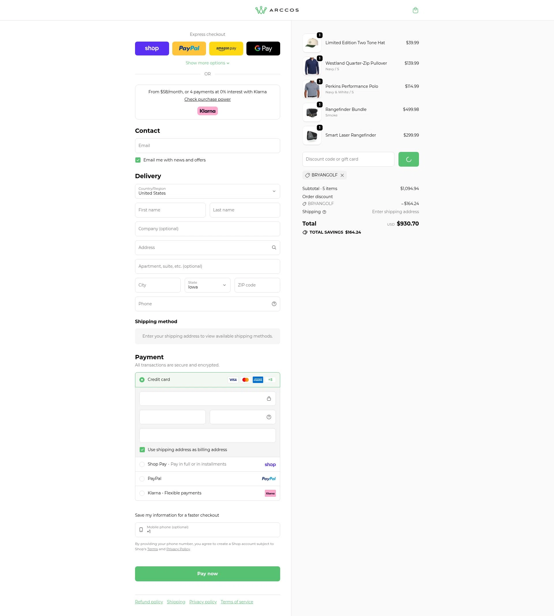 Arccos Golf checkout page showing Arccos Golf discount code box | Screenshot taken by SimplyCodes community member on Feb 20, 2026