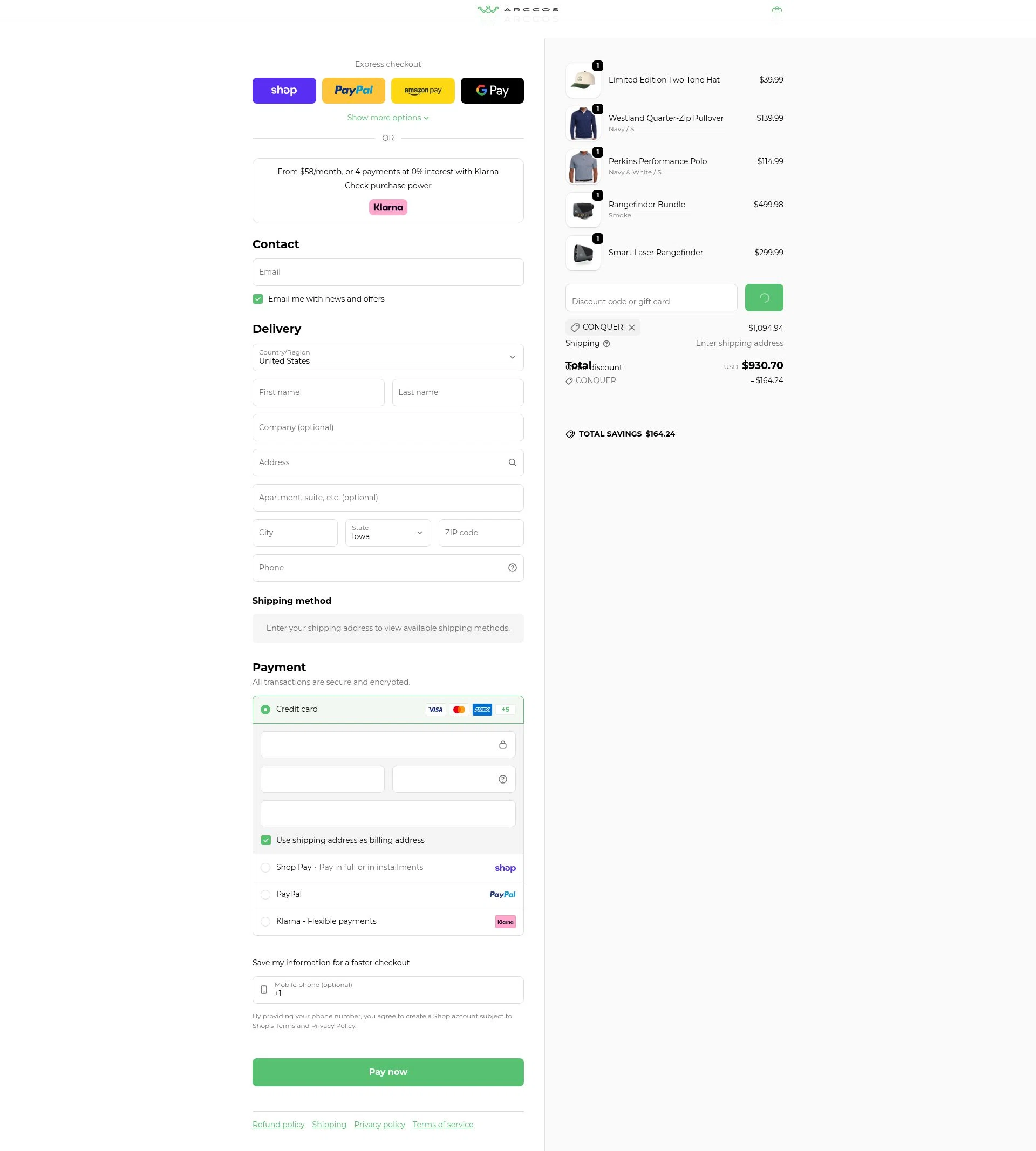 Arccos Golf checkout page showing Arccos Golf discount code box | Screenshot taken by SimplyCodes community member on Feb 20, 2026