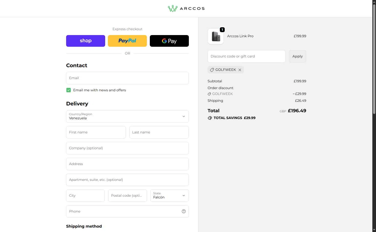 Arccos Golf checkout page showing Arccos Golf discount code box | Screenshot taken by SimplyCodes community member on Feb 20, 2026
