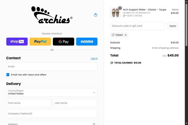 Archies Footwear checkout page showing Archies Footwear discount code box | Screenshot taken by SimplyCodes community member on May 20, 2025