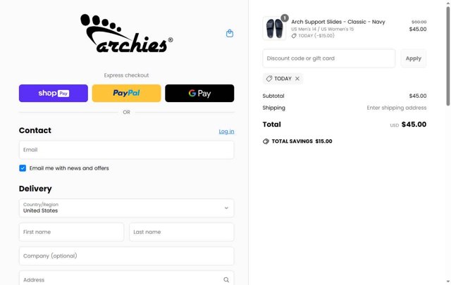 Archies Footwear checkout page showing Archies Footwear discount code box | Screenshot taken by SimplyCodes community member on May 20, 2025