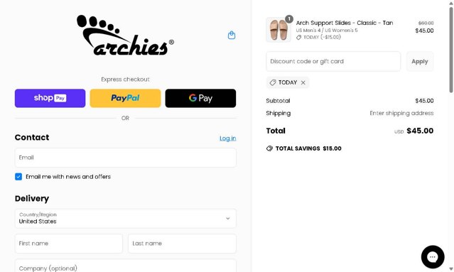 Archies Footwear checkout page showing Archies Footwear discount code box | Screenshot taken by SimplyCodes community member on May 20, 2025