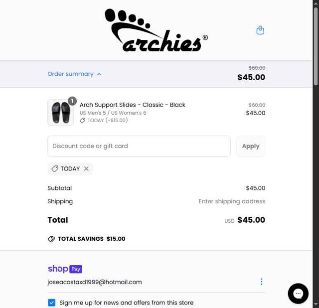 Archies Footwear checkout page showing Archies Footwear discount code box | Screenshot taken by SimplyCodes community member on May 20, 2025