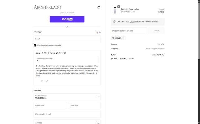 Archipelago checkout page showing Archipelago promo code box | Screenshot taken by SimplyCodes community member on Aug 28, 2025