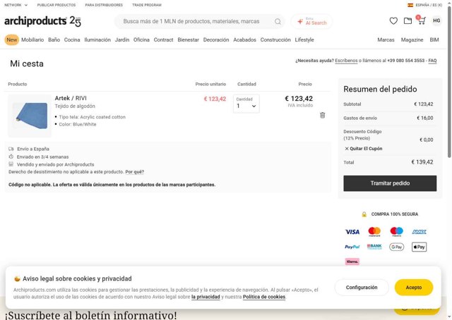 Archiproducts checkout page showing Archiproducts discount code box | Screenshot taken by SimplyCodes community member on May 30, 2025