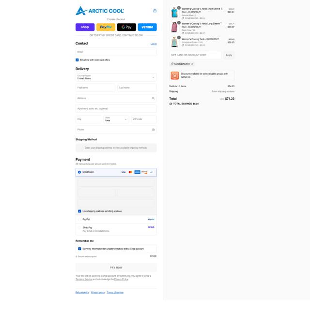 Arctic Cool checkout page showing Arctic Cool discount code box | Screenshot taken by SimplyCodes community member on Sep 8, 2025