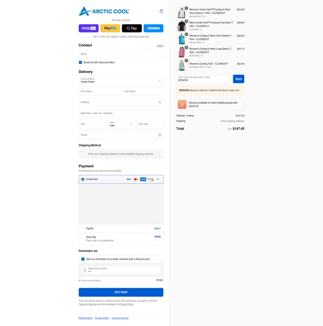 Arctic Cool checkout page showing Arctic Cool discount code box | Screenshot taken by SimplyCodes community member on Aug 26, 2025