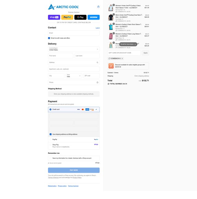 Arctic Cool checkout page showing Arctic Cool discount code box | Screenshot taken by SimplyCodes community member on Aug 26, 2025