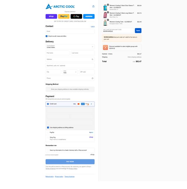 Arctic Cool checkout page showing Arctic Cool discount code box | Screenshot taken by SimplyCodes community member on Sep 8, 2025
