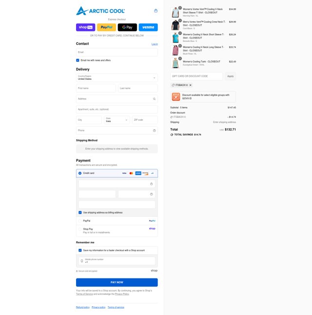 Arctic Cool checkout page showing Arctic Cool discount code box | Screenshot taken by SimplyCodes community member on Aug 26, 2025
