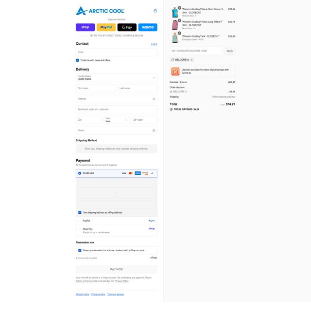 Arctic Cool checkout page showing Arctic Cool discount code box | Screenshot taken by SimplyCodes community member on Sep 8, 2025