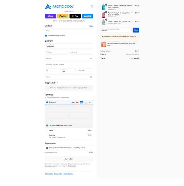 Arctic Cool checkout page showing Arctic Cool discount code box | Screenshot taken by SimplyCodes community member on Sep 8, 2025
