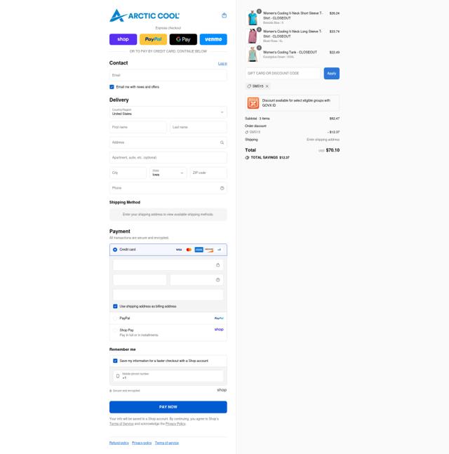 Arctic Cool checkout page showing Arctic Cool discount code box | Screenshot taken by SimplyCodes community member on Sep 8, 2025