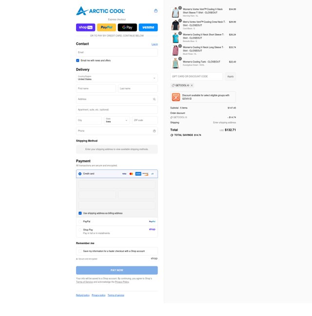 Arctic Cool checkout page showing Arctic Cool discount code box | Screenshot taken by SimplyCodes community member on Aug 26, 2025