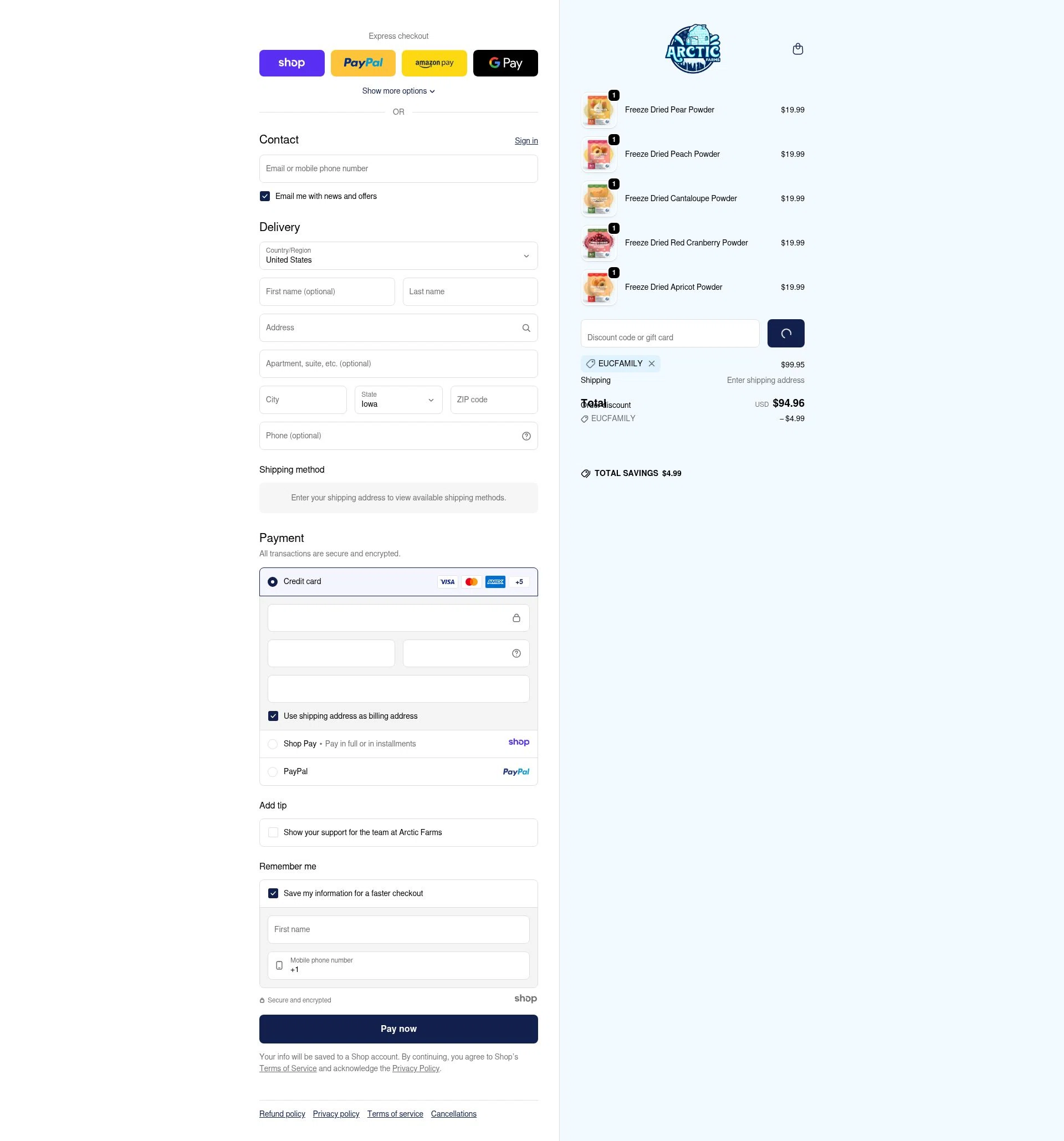 Arctic Farms checkout page showing Arctic Farms promo code box | Screenshot taken by SimplyCodes community member on Jan 8, 2026