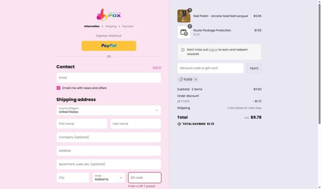 Arctic Fox checkout page showing Arctic Fox discount code box | Screenshot taken by SimplyCodes community member on Sep 4, 2025