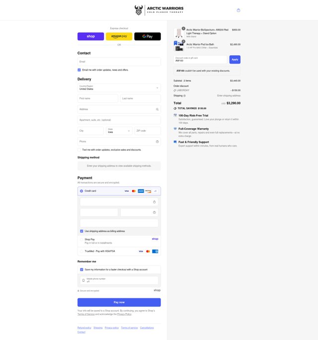 Arctic Warriors checkout page showing Arctic Warriors promo code box | Screenshot taken by SimplyCodes community member on Sep 5, 2025