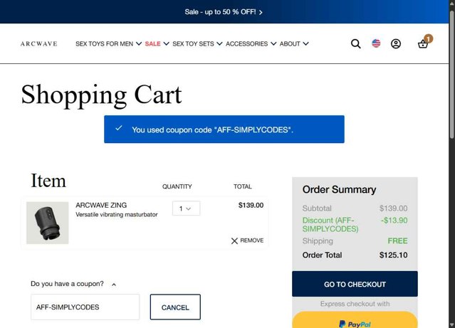 ARCWAVE checkout page showing ARCWAVE coupon code box | Screenshot taken by SimplyCodes community member on Sep 3, 2025