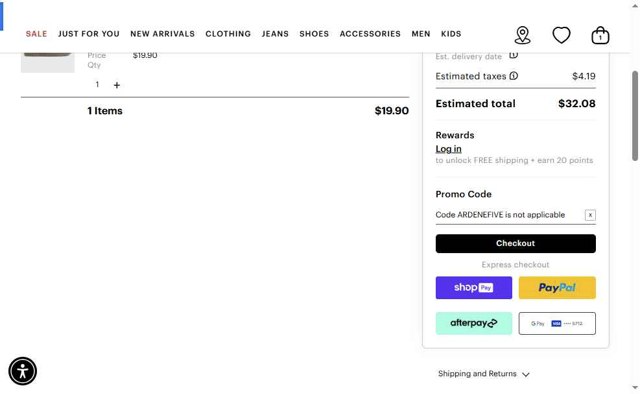 Ardene checkout page showing Ardene promo code box | Screenshot taken by SimplyCodes community member on Aug 27, 2025