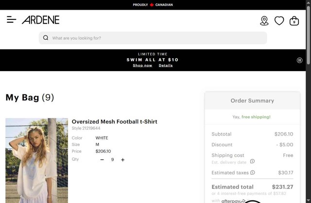 Ardene checkout page showing Ardene promo code box | Screenshot taken by SimplyCodes community member on Jul 29, 2025
