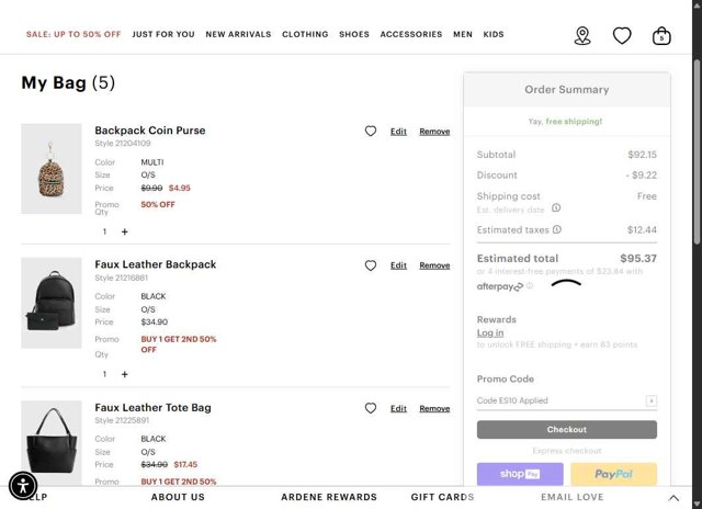Ardene checkout page showing Ardene promo code box | Screenshot taken by SimplyCodes community member on Jul 29, 2025