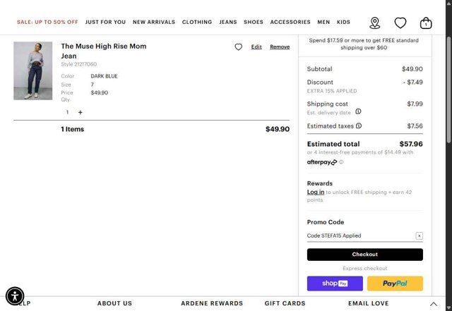Ardene checkout page showing Ardene promo code box | Screenshot taken by SimplyCodes community member on Aug 11, 2025