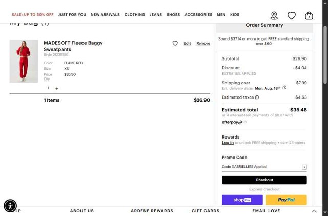 Ardene checkout page showing Ardene promo code box | Screenshot taken by SimplyCodes community member on Aug 11, 2025