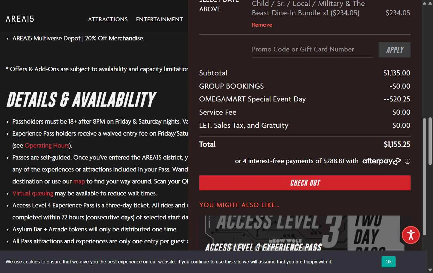 AREA15 checkout page showing AREA15 promo code box | Screenshot taken by SimplyCodes community member on Jul 29, 2025
