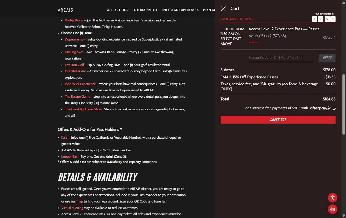 AREA15 checkout page showing AREA15 promo code box | Screenshot taken by SimplyCodes community member on Jan 27, 2026