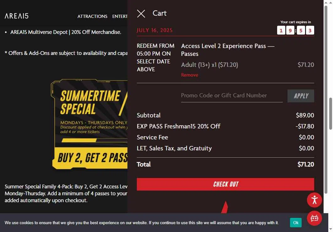 AREA15 checkout page showing AREA15 promo code box | Screenshot taken by SimplyCodes community member on Jul 13, 2025