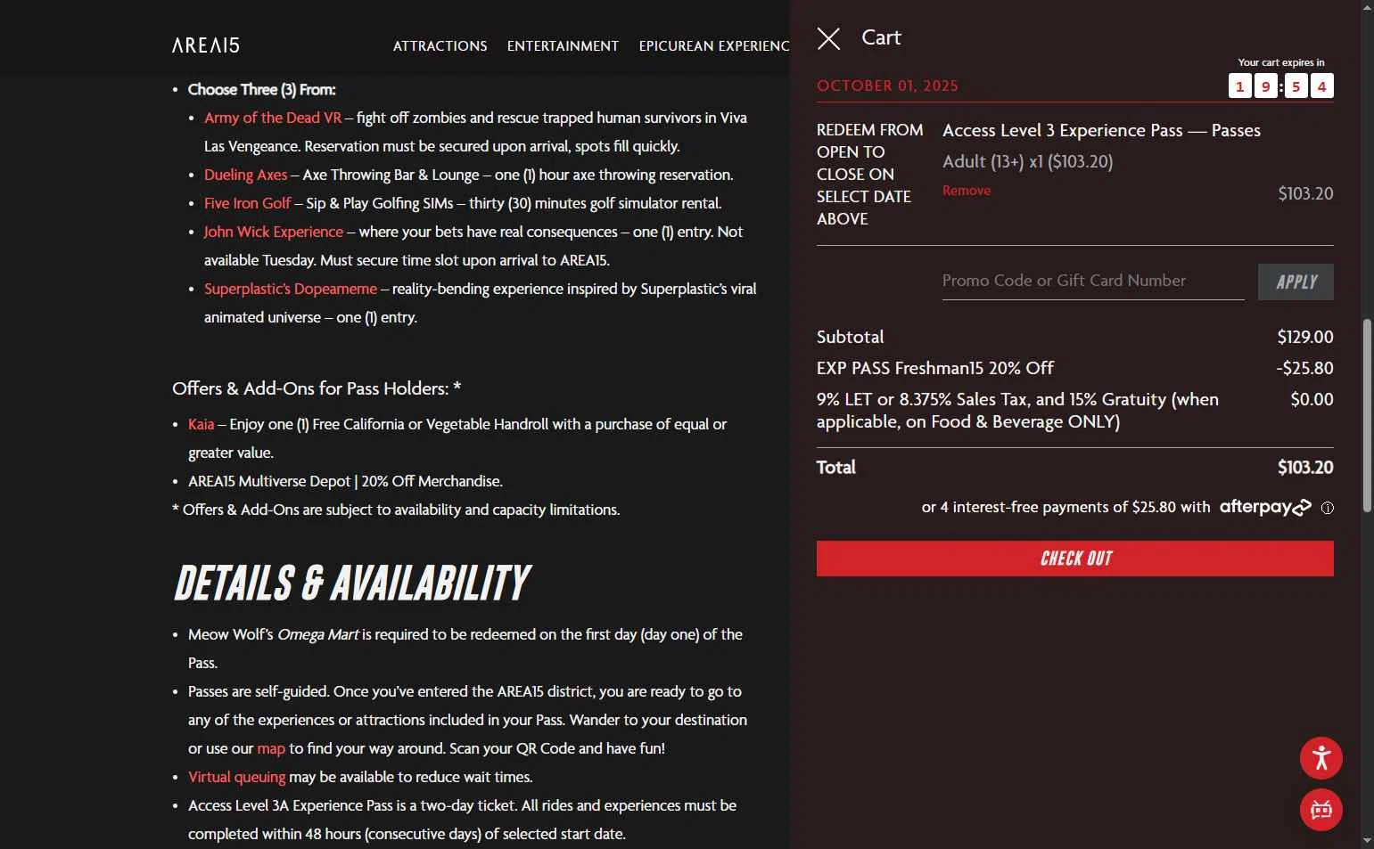 AREA15 checkout page showing AREA15 promo code box | Screenshot taken by SimplyCodes community member on Sep 25, 2025