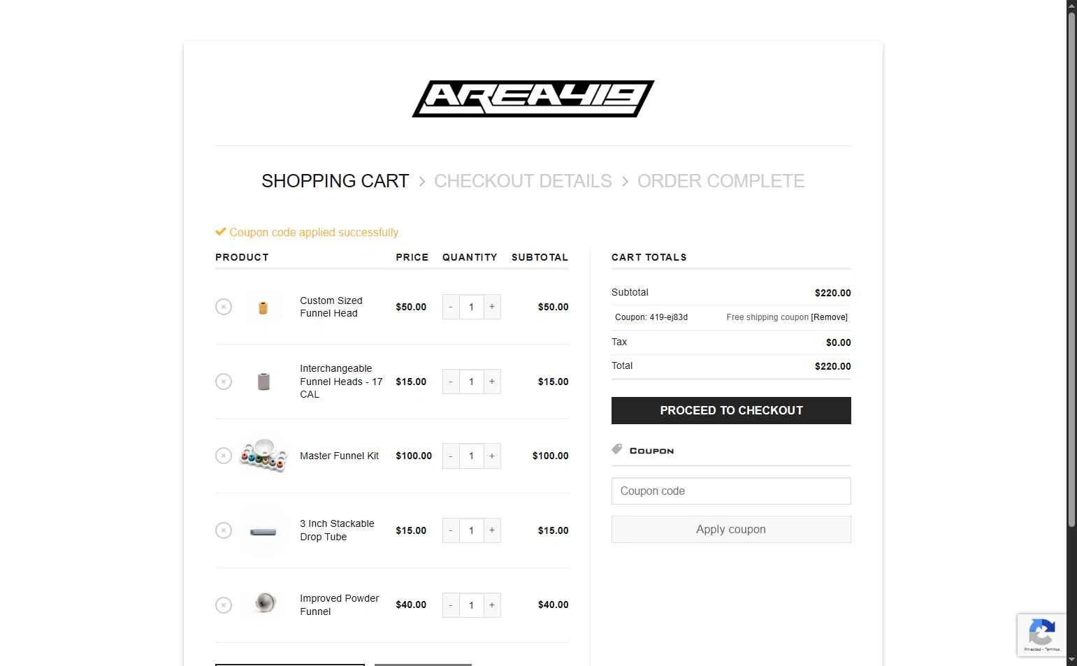 Area 419 checkout page showing Area 419 coupon code box | Screenshot taken by SimplyCodes community member on Oct 10, 2025