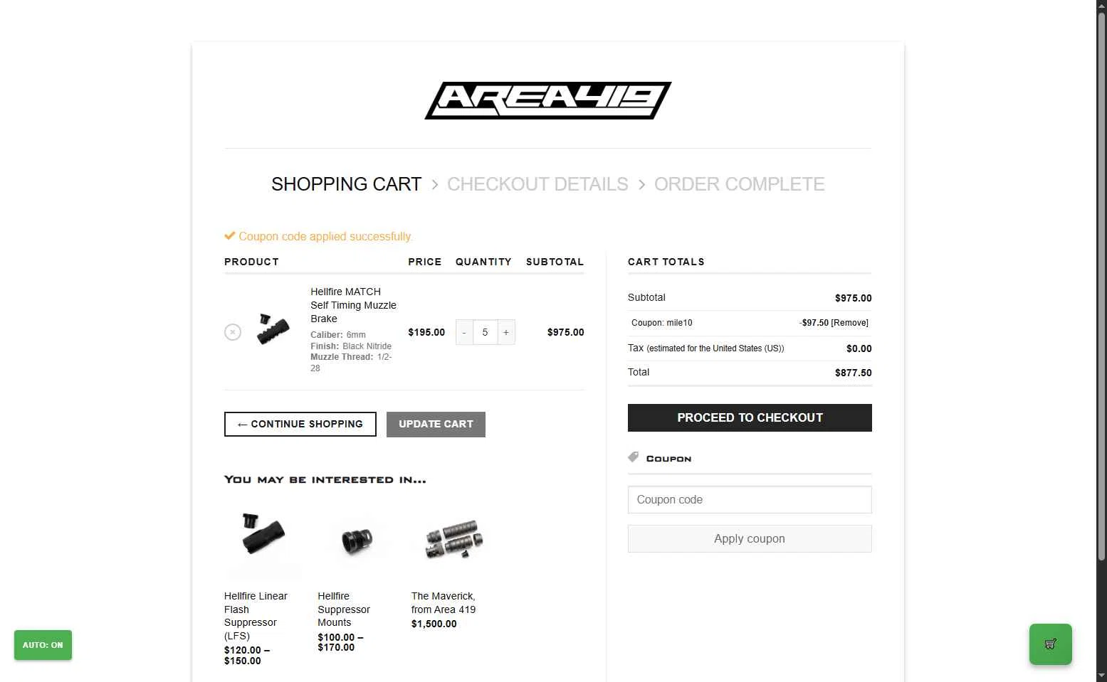 Area 419 checkout page showing Area 419 coupon code box | Screenshot taken by SimplyCodes community member on Oct 10, 2025