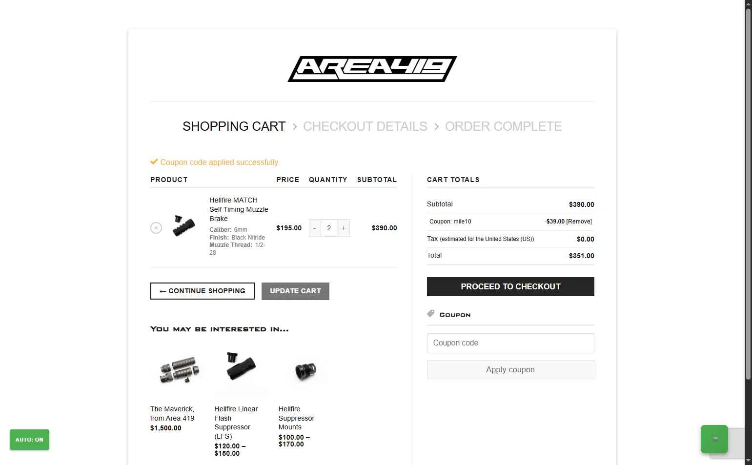 Area 419 checkout page showing Area 419 coupon code box | Screenshot taken by SimplyCodes community member on Dec 7, 2025