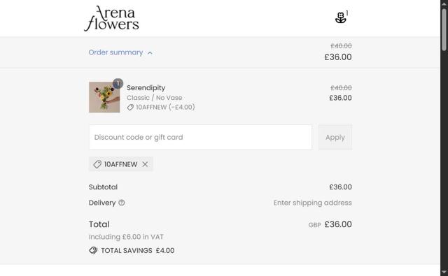 Arena Flowers checkout page showing Arena Flowers discount code box | Screenshot taken by SimplyCodes community member on Aug 23, 2025