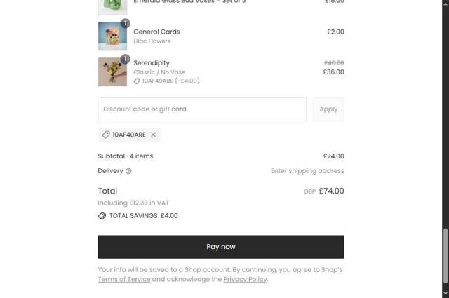 Arena Flowers checkout page showing Arena Flowers discount code box | Screenshot taken by SimplyCodes community member on Aug 23, 2025
