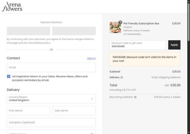 Arena Flowers checkout page showing Arena Flowers discount code box | Screenshot taken by SimplyCodes community member on Sep 16, 2025
