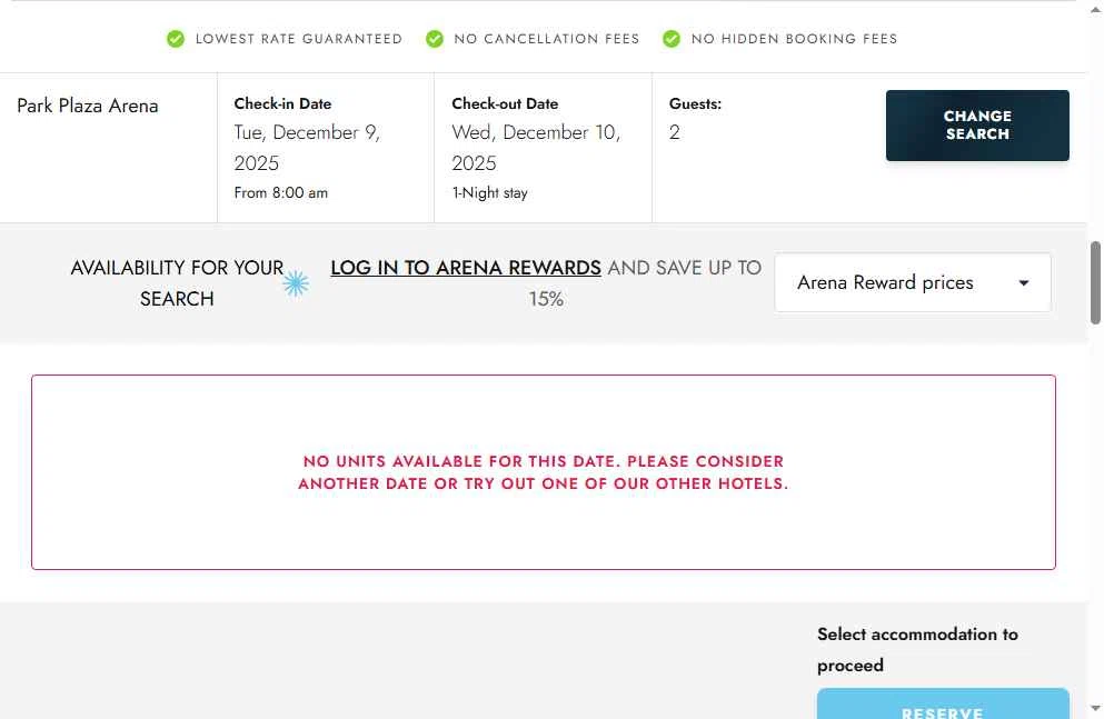 Arena Hotels checkout page showing Arena Hotels promo code box | Screenshot taken by SimplyCodes community member on Dec 9, 2025