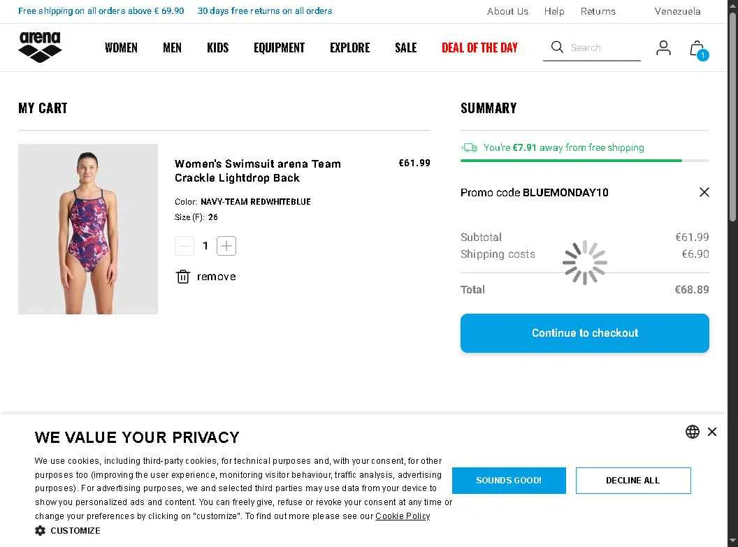 Arenasport checkout page showing Arenasport promo code box | Screenshot taken by SimplyCodes community member on Jan 19, 2026