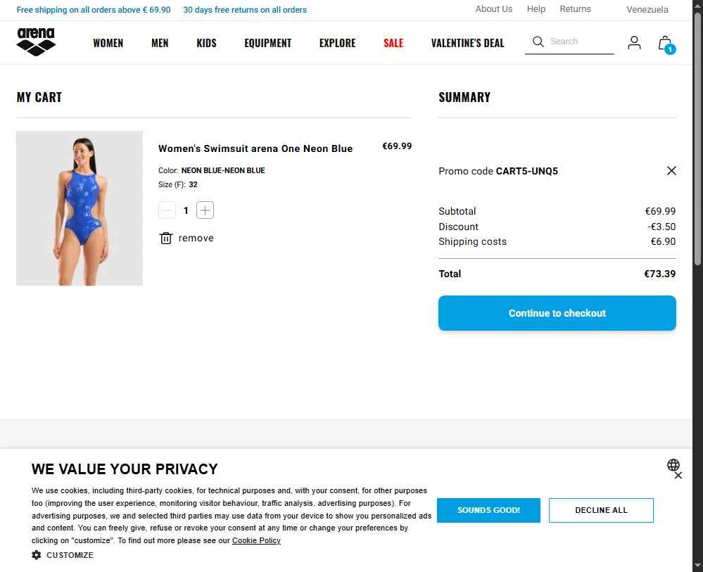 Arenasport checkout page showing Arenasport promo code box | Screenshot taken by SimplyCodes community member on Feb 7, 2026