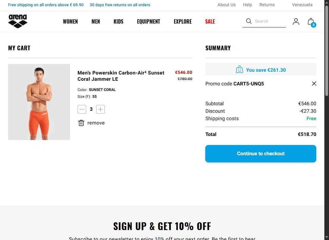 Arenasport checkout page showing Arenasport promo code box | Screenshot taken by SimplyCodes community member on Jan 7, 2026