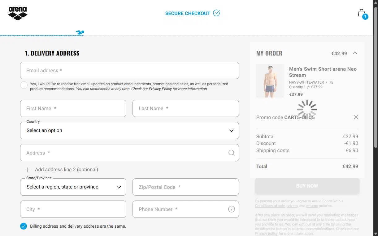 Arenasport checkout page showing Arenasport promo code box | Screenshot taken by SimplyCodes community member on Jan 27, 2026