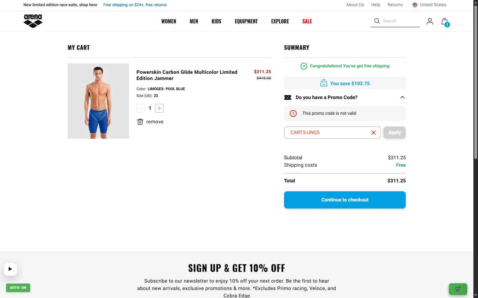Arenasport checkout page showing Arenasport promo code box | Screenshot taken by SimplyCodes community member on Jan 15, 2026