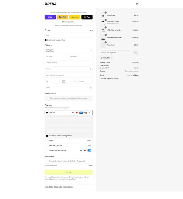 ARENA checkout page showing ARENA promo code box | Screenshot taken by SimplyCodes community member on Aug 31, 2025