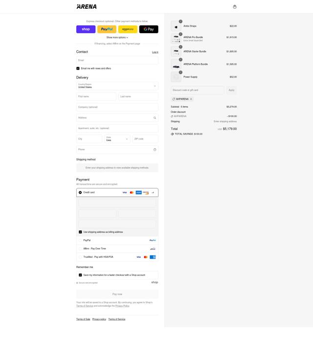 ARENA checkout page showing ARENA promo code box | Screenshot taken by SimplyCodes community member on Sep 4, 2025